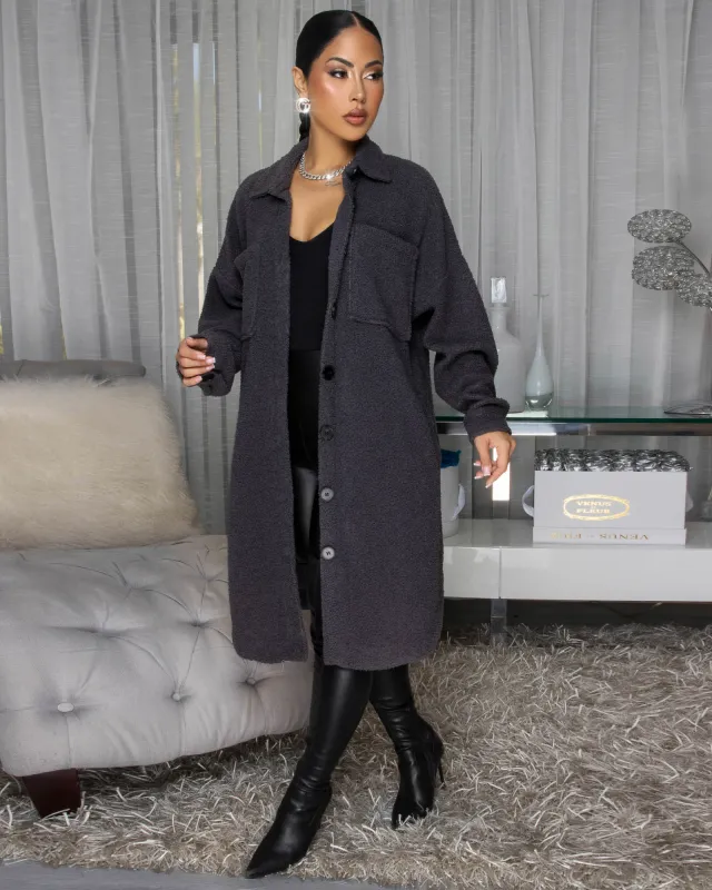 Jovelle Charcoal Grey Fleece Long Jacket sold by Chic Couture