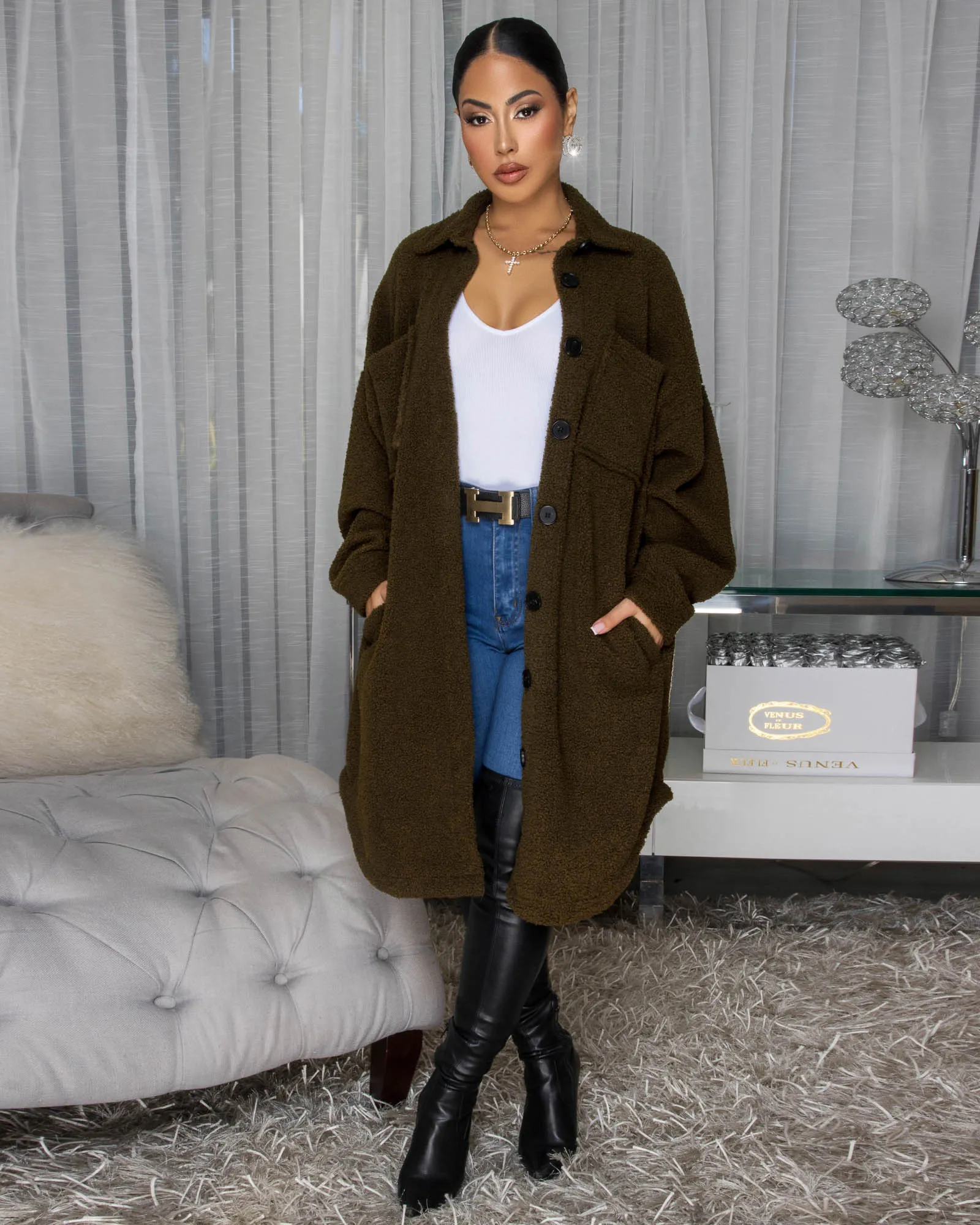 Jovelle Olive Green Fleece Long Jacket sold by Chic Couture