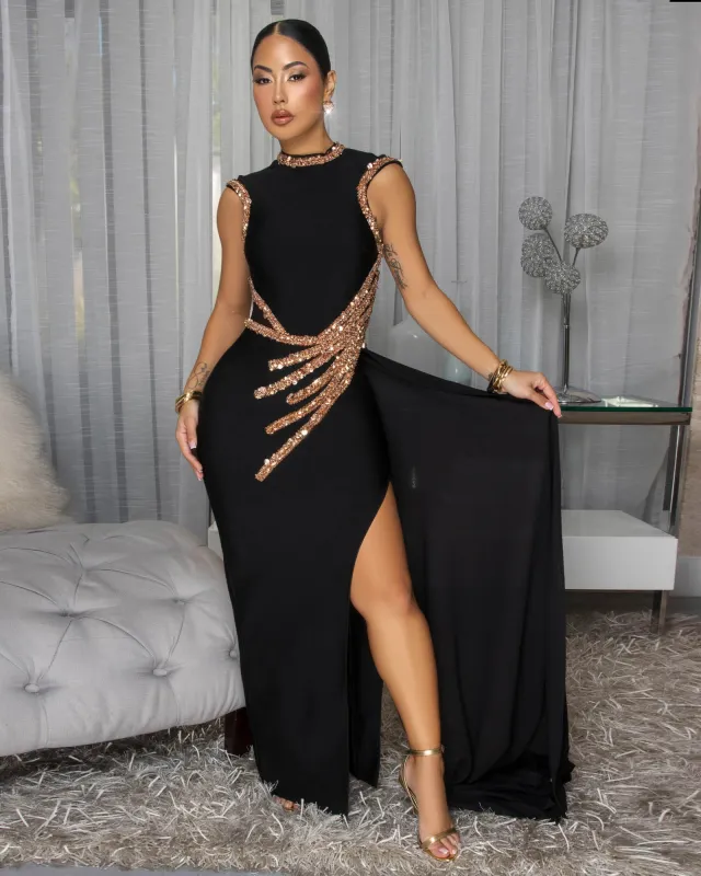 Lara Black Rose Gold Sequins Accent Bandage Dress sold by Chic Couture