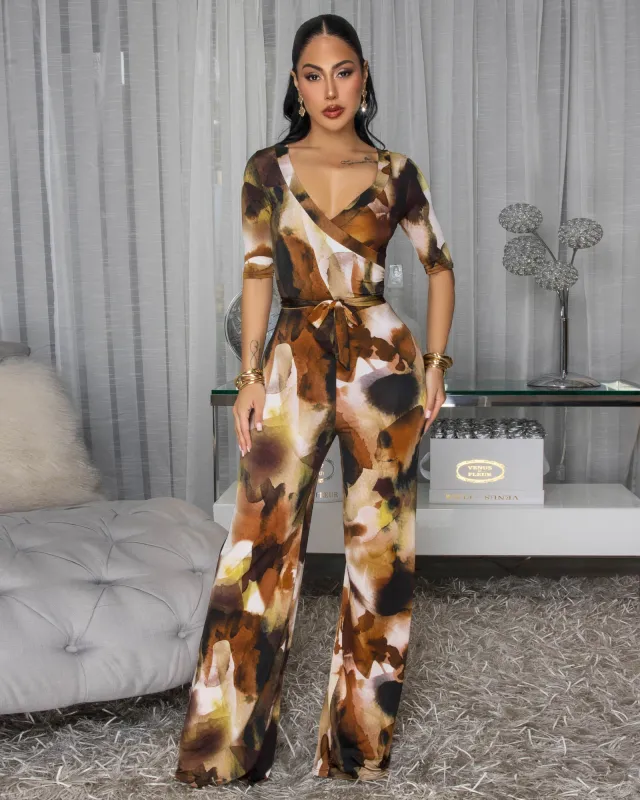 Jeniva Brown Multi-Color Faux Wrap Jumpsuit sold by Chic Couture