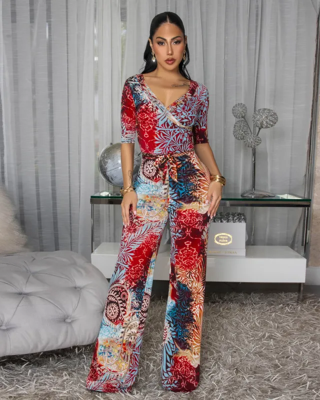 Edita Red Blue Multi-Color Print Faux Wrap Jumpsuit sold by Chic Couture