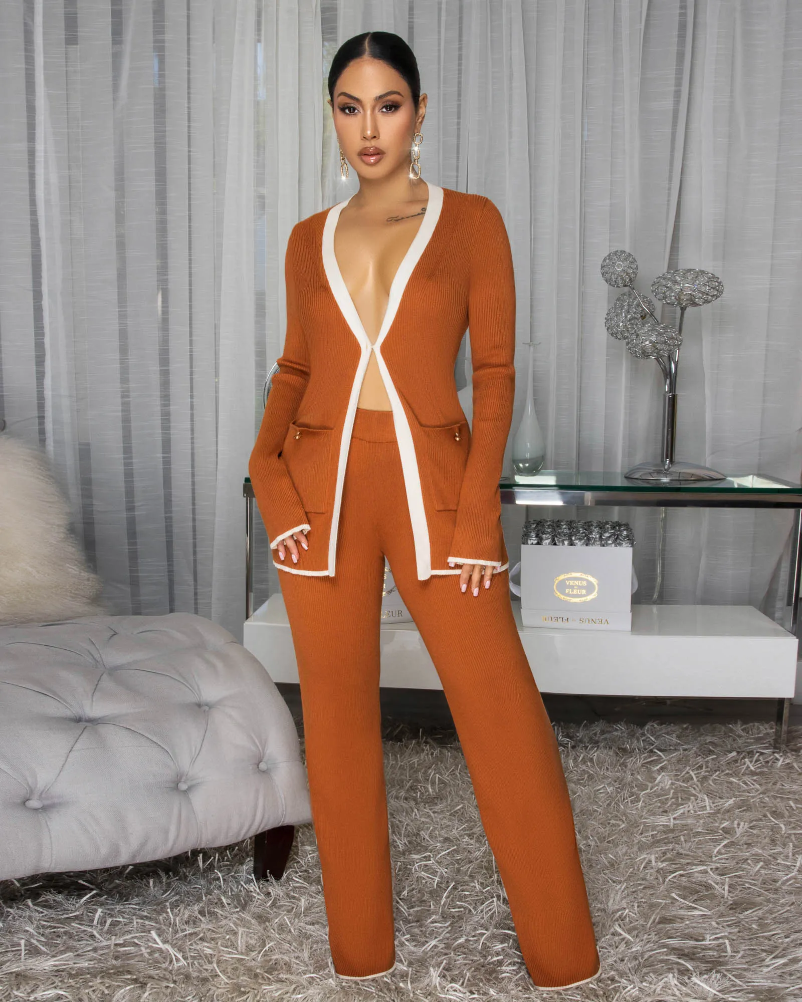 India Rust Orange White Trim Knit Pants Set sold by Chic Couture product image thumbnail 3