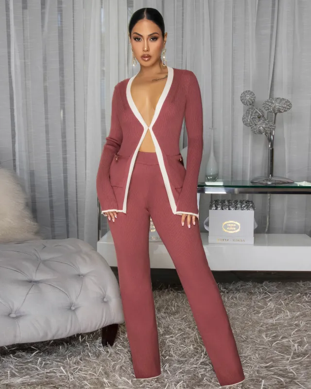 India Mauve White Trim Knit Pants Set sold by Chic Couture