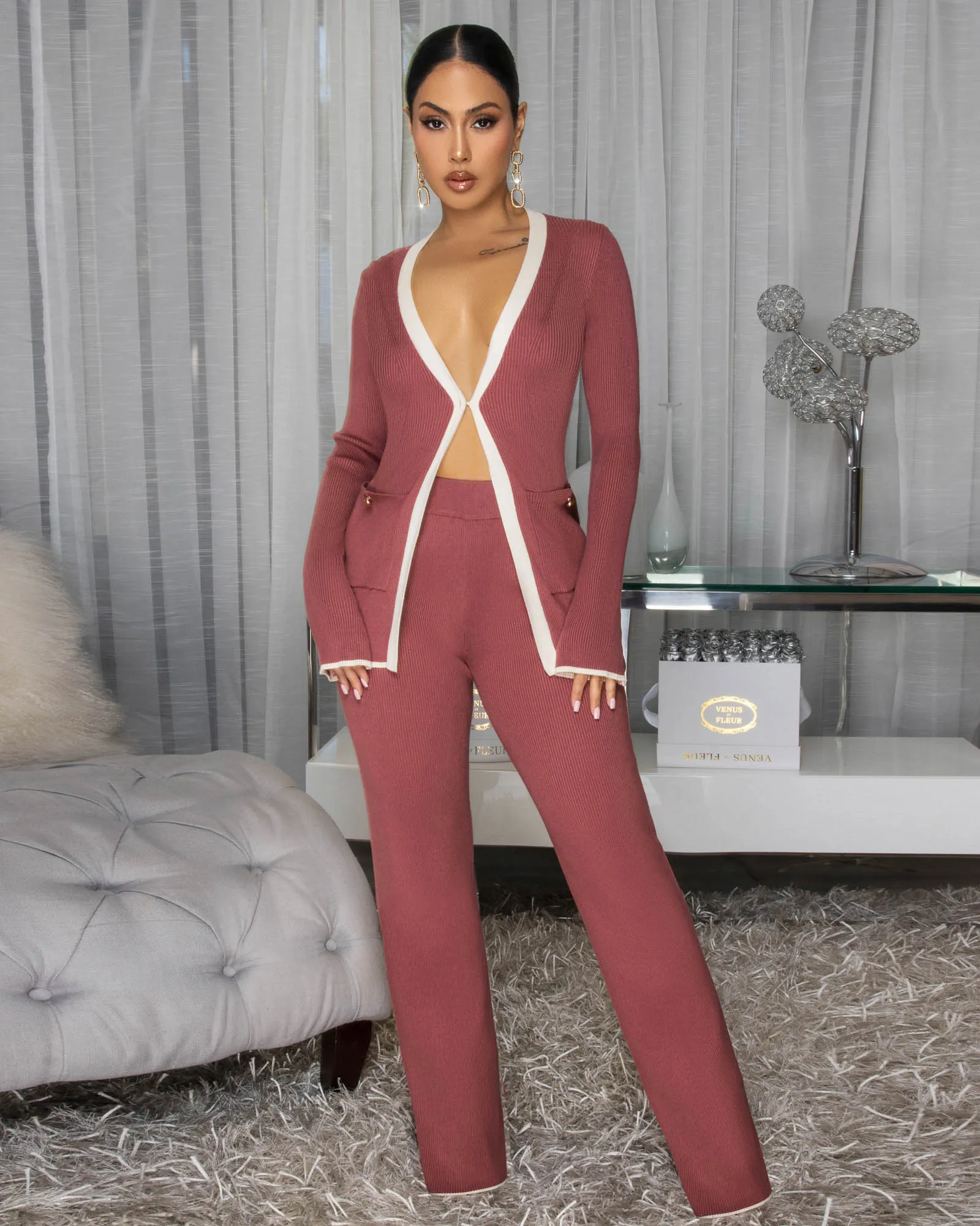 India Mauve White Trim Knit Pants Set sold by Chic Couture