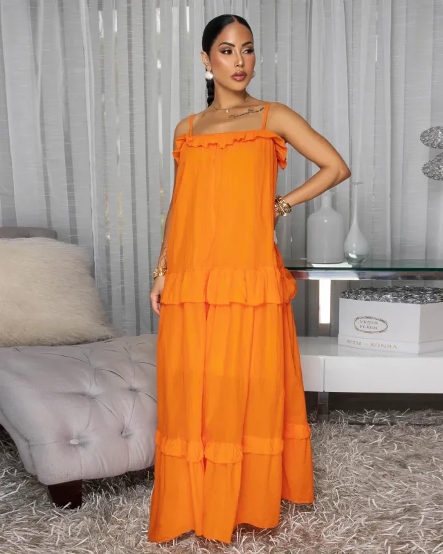 Liline Orange Linen Tiered Maxi Dress sold by Chic Couture