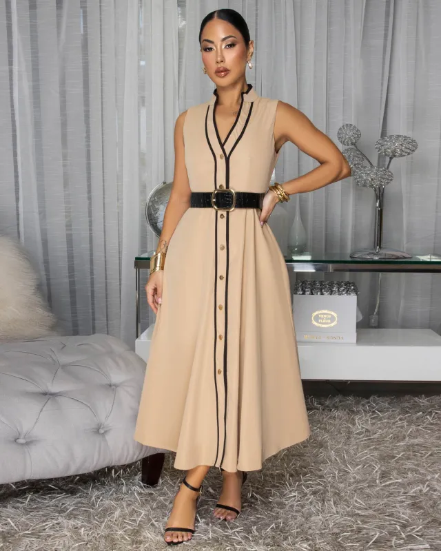 Mellie Nude Belted Midi Dress sold by Chic Couture
