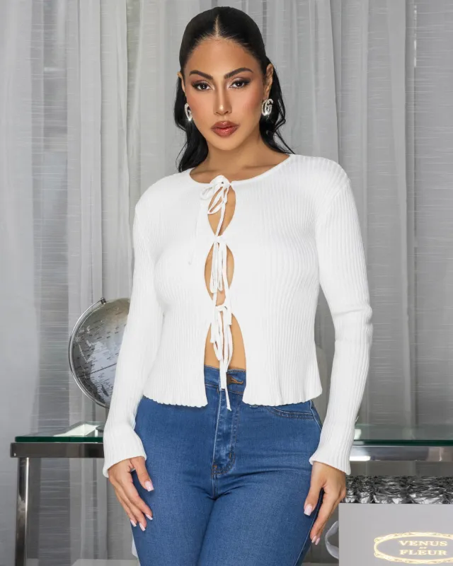Mirage Off-White Ribbed Sweater Cardigan sold by Chic Couture