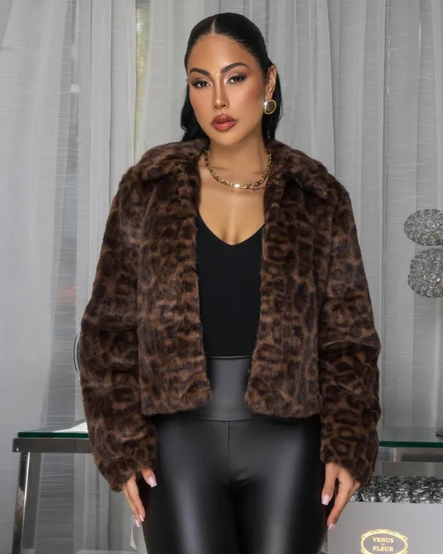 Amarie Brown Leopard Print Faux Fur Jacket sold by Chic Couture