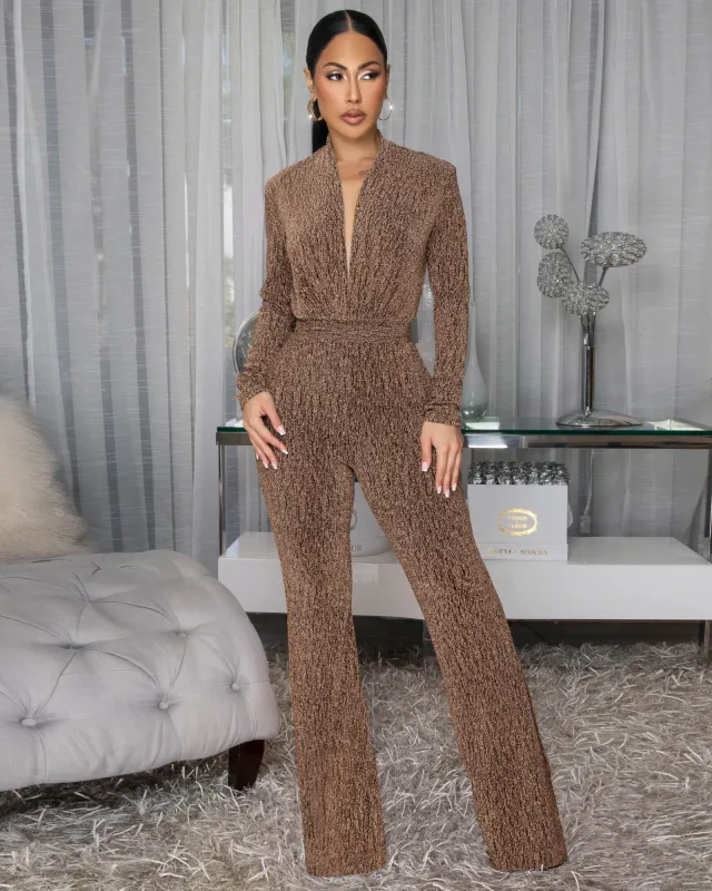 Mecka Gold Shimmer Deep V-Neck Jumpsuit sold by Chic Couture