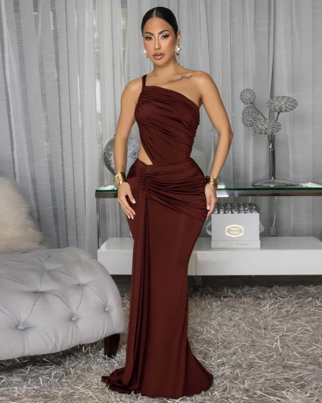 Freida Chocolate Brown Ruched Cut-Out Maxi Dress sold by Chic Couture