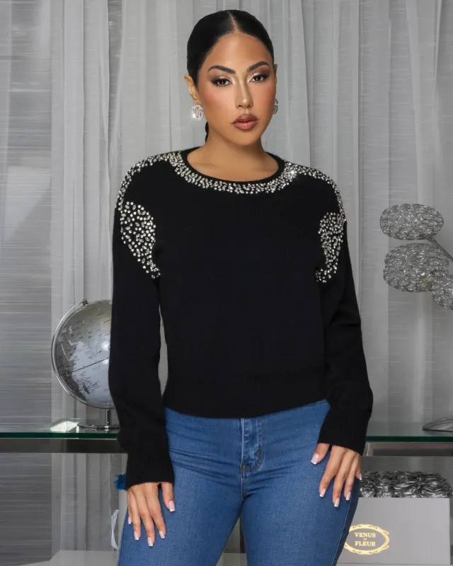 Becka Black Rhinestones Decor Sweater sold by Chic Couture