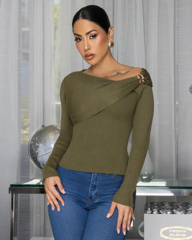 Klorane Olive Green Ribbed Sweater Top sold by Chic Couture