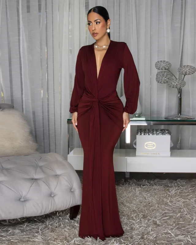 Macy Maroon Knot Front Maxi Dress sold by Chic Couture