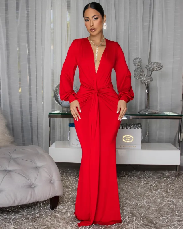 Macy Red Knot Front Maxi Dress sold by Chic Couture