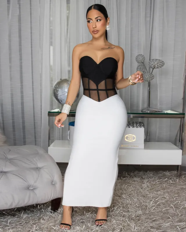 Zilene Black White Midi Strapless Bandage Dress sold by Chic Couture