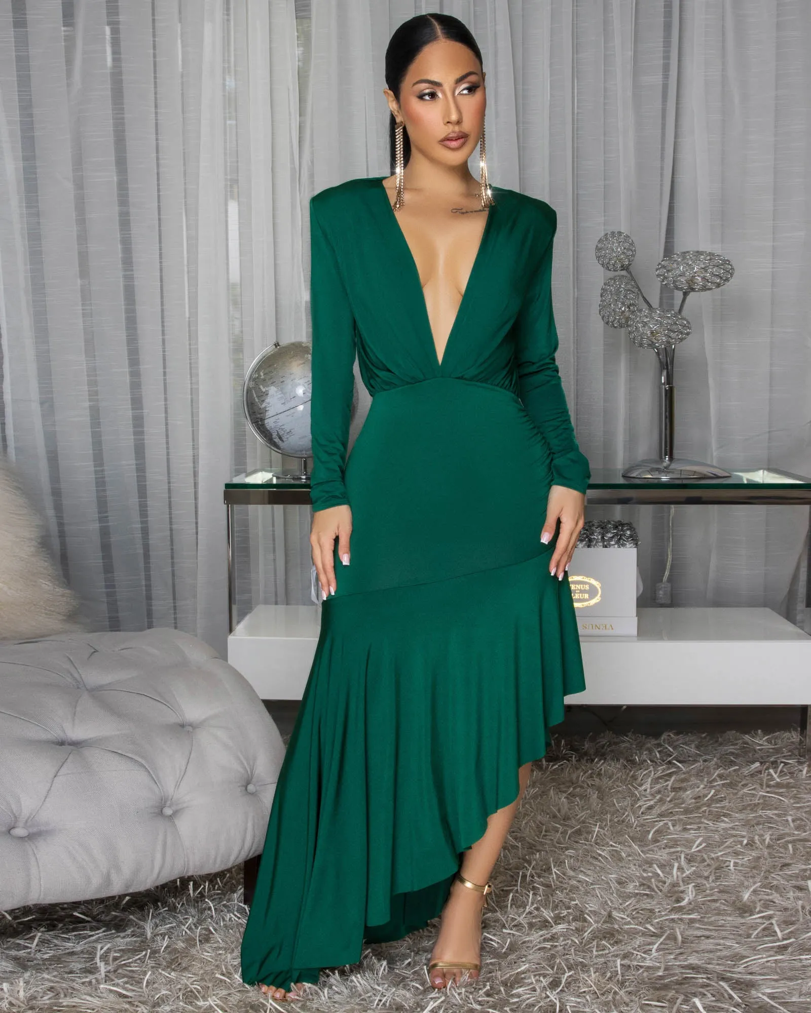 Fallon Green Hi-Lo Midi Ruffle Hem Dress sold by Chic Couture