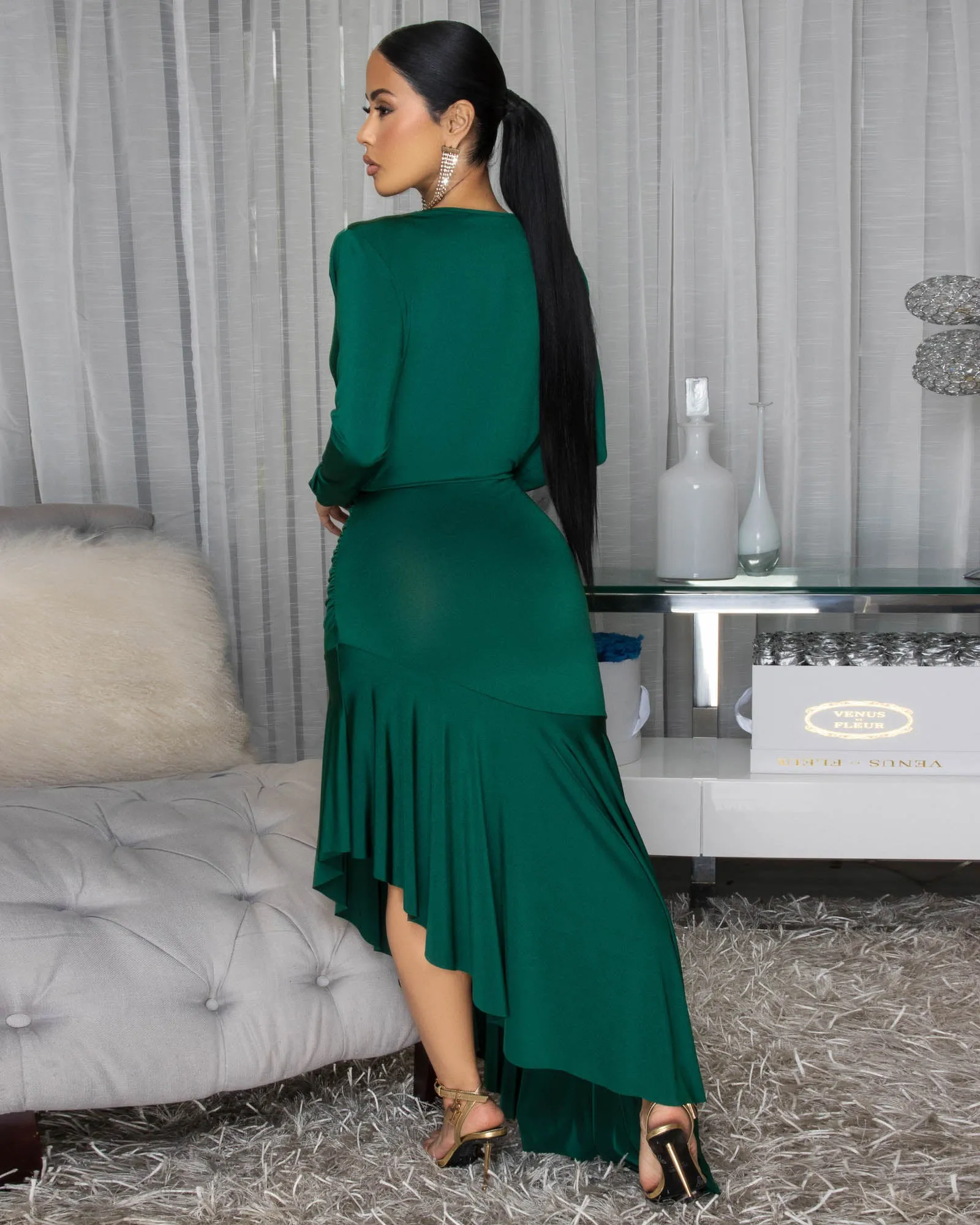 Fallon Green Hi-Lo Midi Ruffle Hem Dress sold by Chic Couture product image thumbnail 3