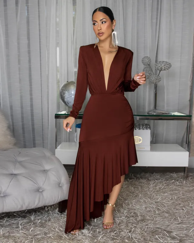 Fallon Chocolate Brown Hi-Lo Midi Ruffle Hem Dress sold by Chic Couture