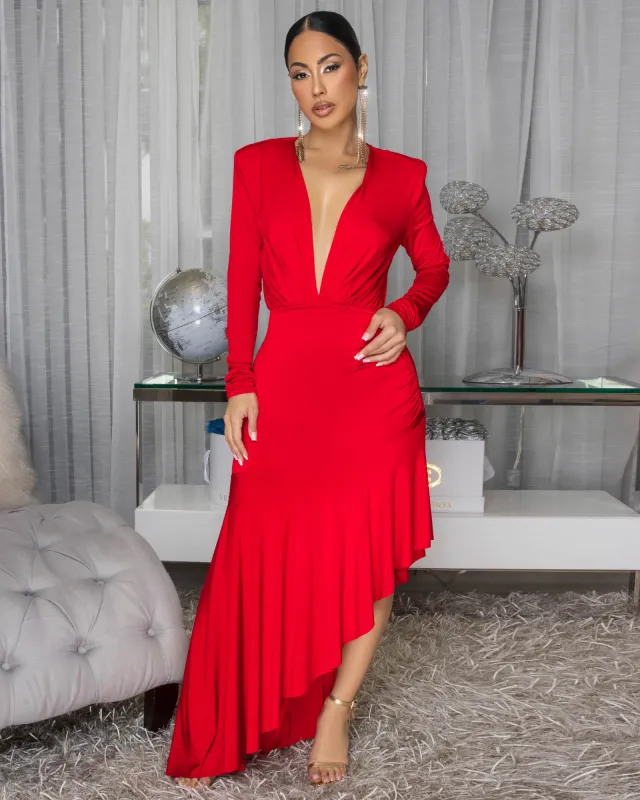 Fallon Red Hi-Lo Midi Ruffle Hem Dress sold by Chic Couture