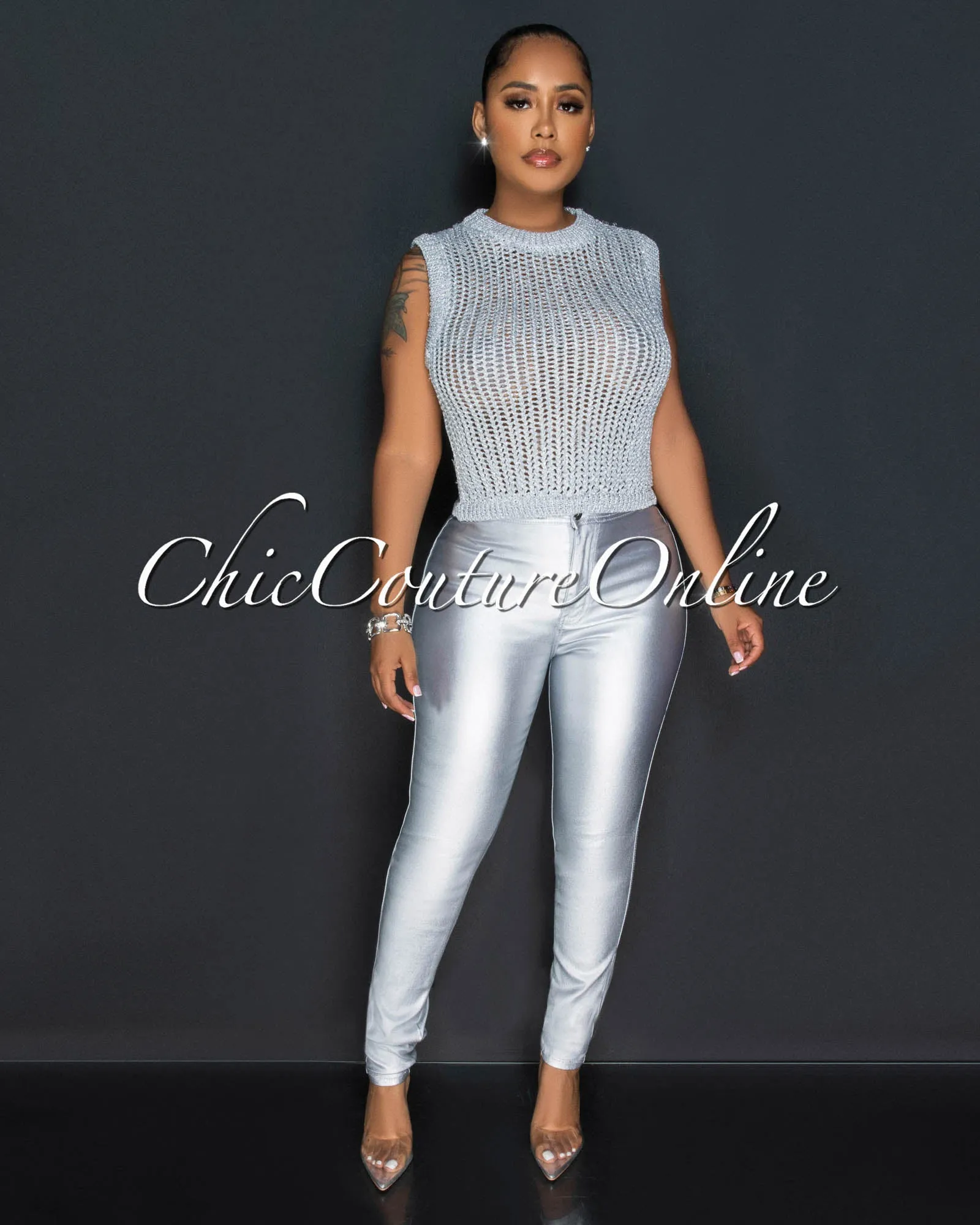 Luisa Silver Shimmer Crochet Crop Top sold by Chic Couture