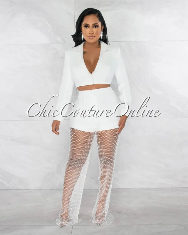 *Amaranto Off-White Crop Blazer & Mesh Rhinestones Pants Set sold by Chic Couture