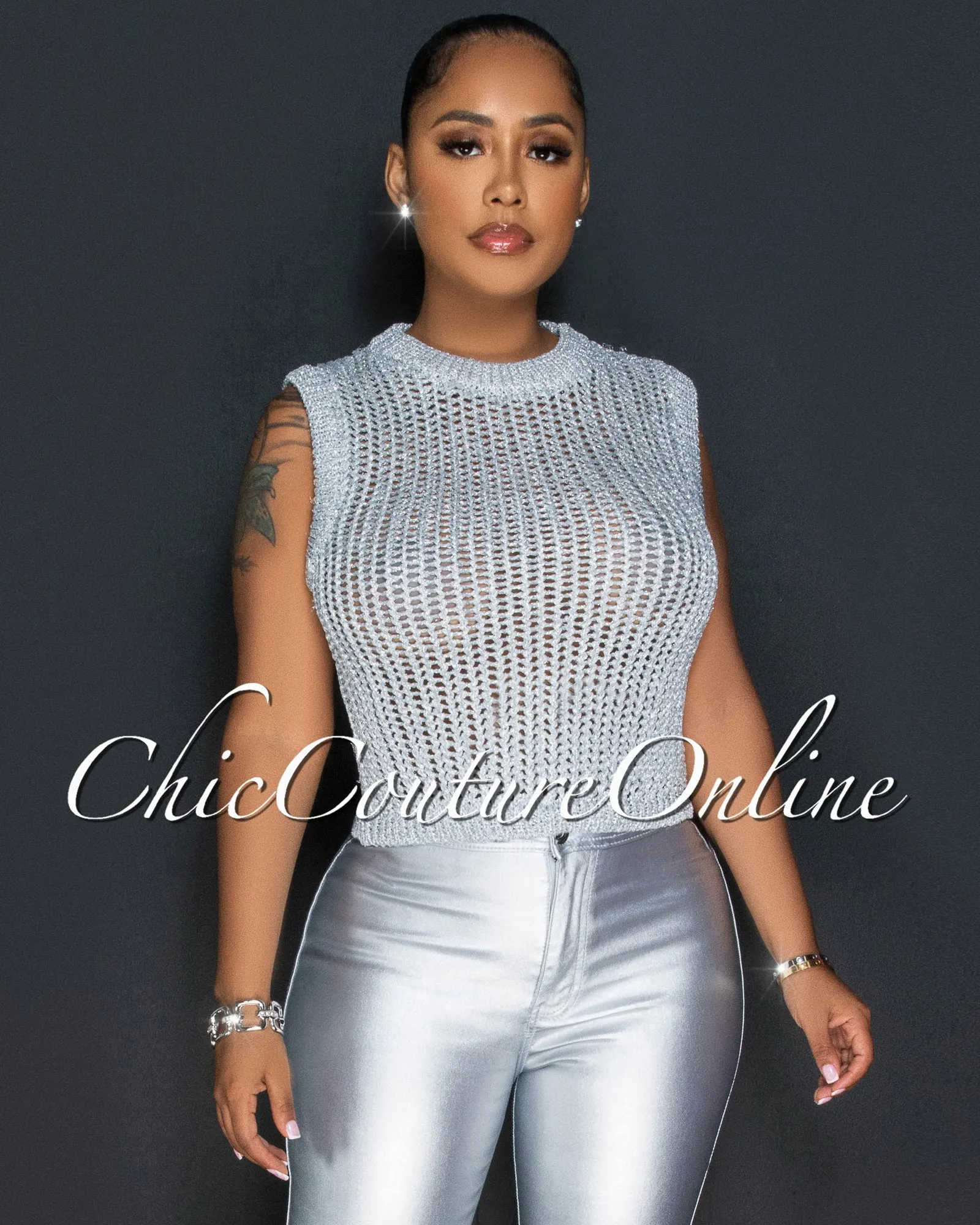 Luisa Silver Shimmer Crochet Crop Top sold by Chic Couture product image thumbnail 4