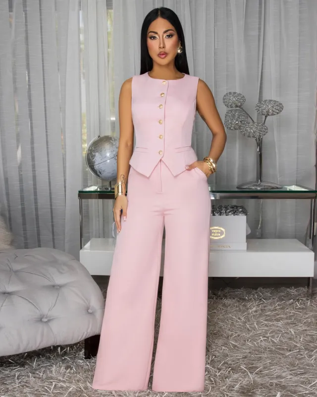 Jayleh Light Pink Gold Buttons Vest & Pants Set sold by Chic Couture