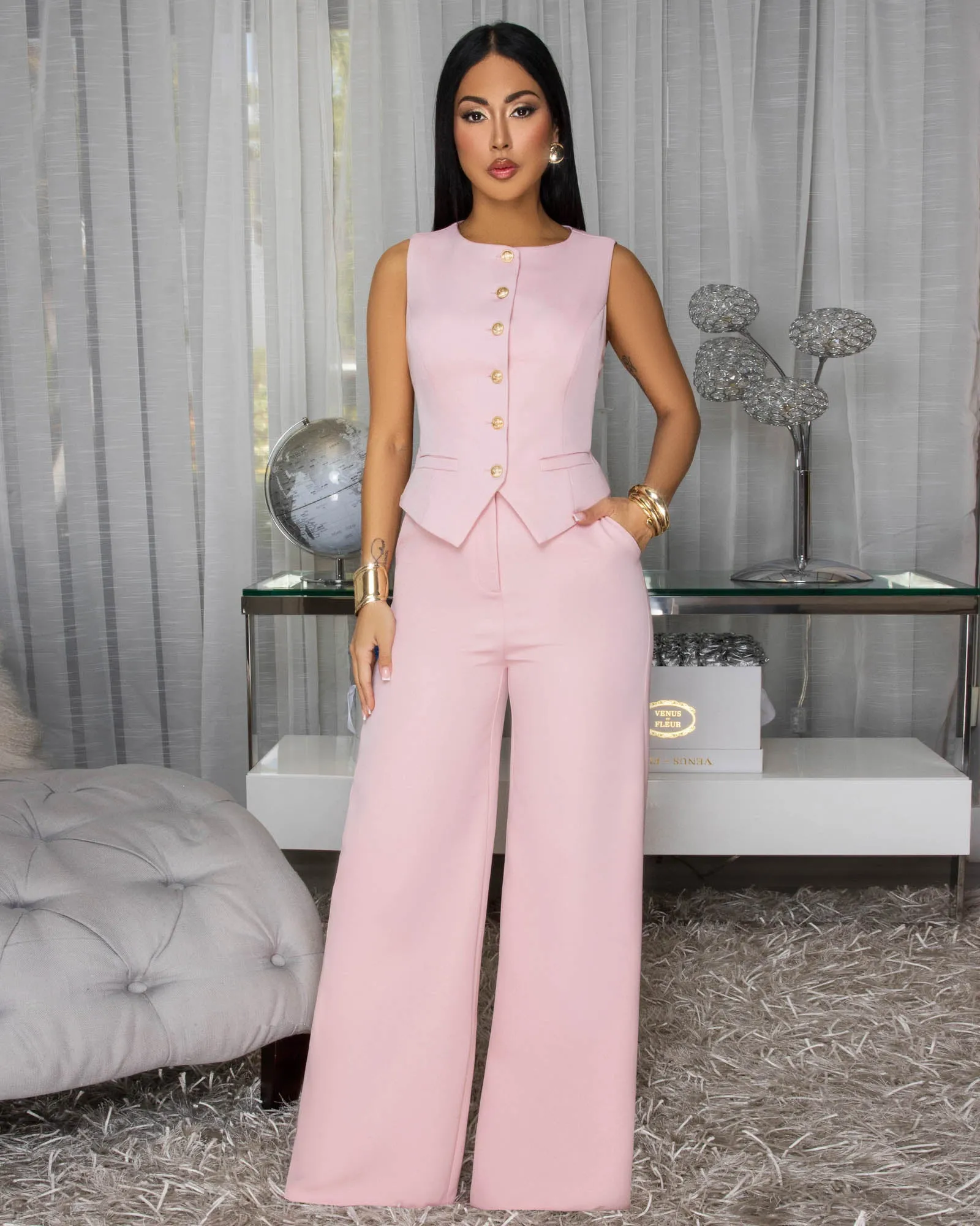 Jayleh Light Pink Gold Buttons Vest & Pants Set sold by Chic Couture