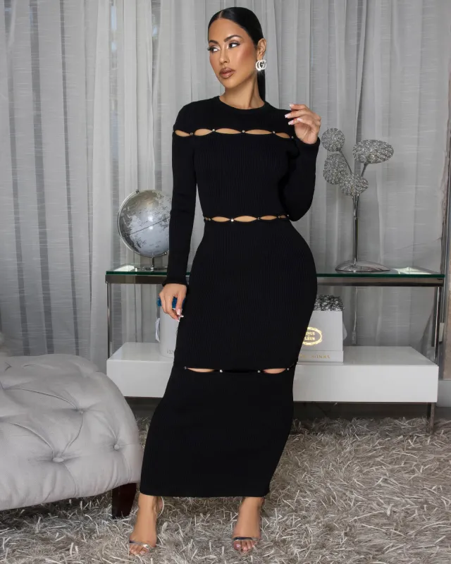 Kelsee Black Ribbed Cut-Out Body-Con Midi Dress sold by Chic Couture