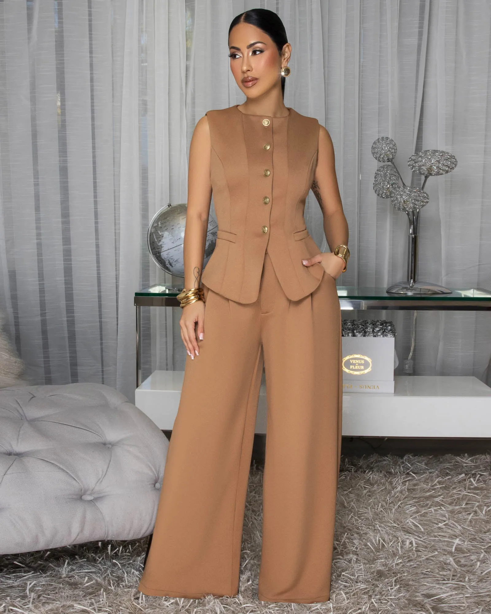 Nikko Camel Woven Vest & Pants Set sold by Chic Couture product image thumbnail 2