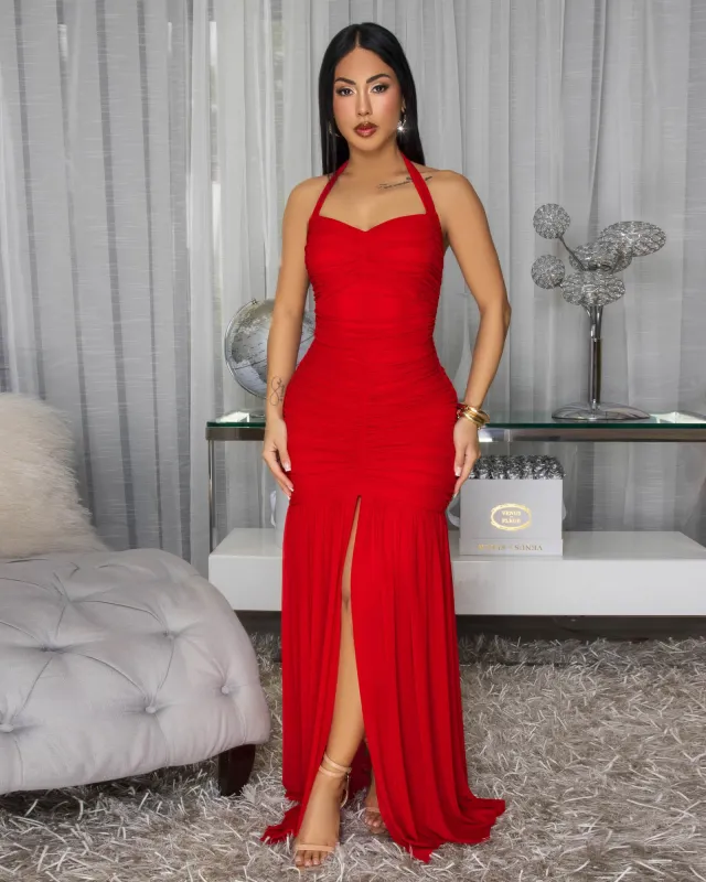 Shalia Red Mesh Halter Maxi Dress sold by Chic Couture