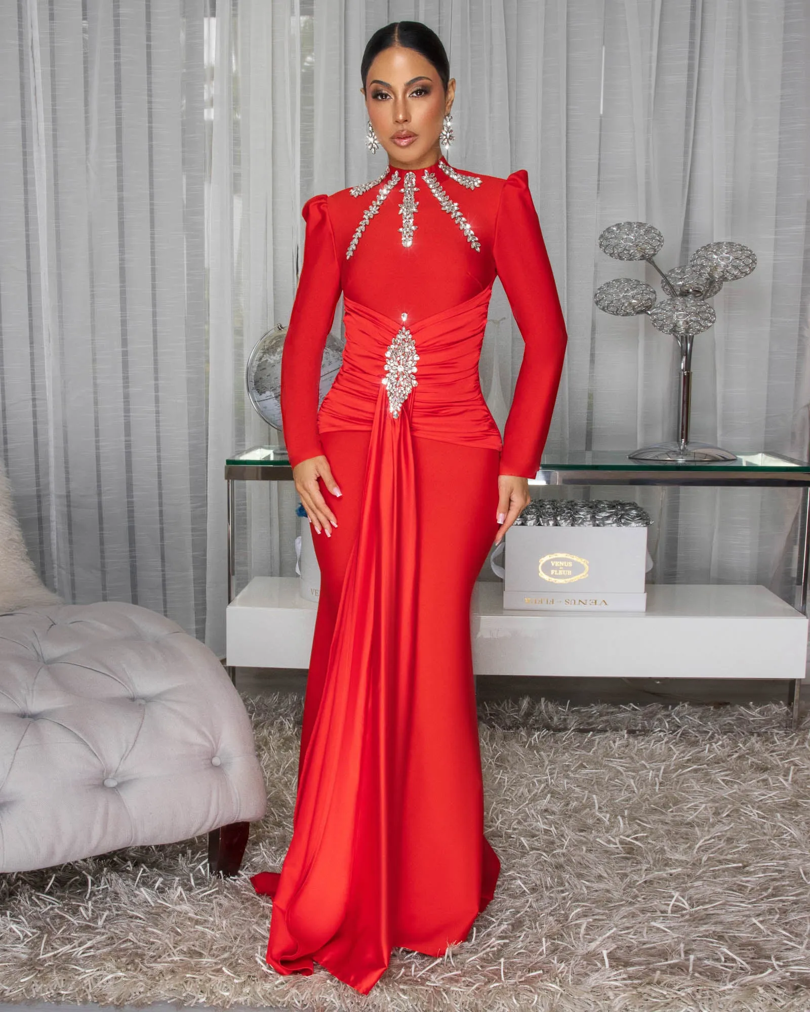Valencia Red Rhinestones Maxi Bandage Dress sold by Chic Couture