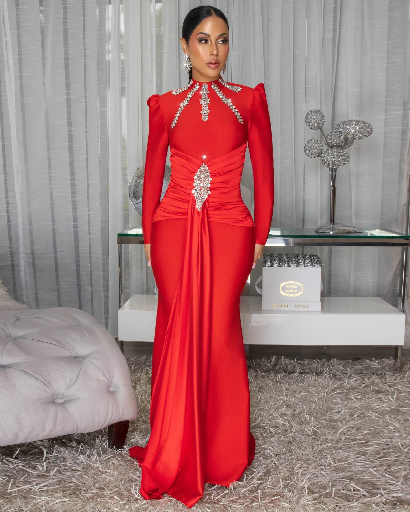 Valencia Red Rhinestones Maxi Bandage Dress sold by Chic Couture product image thumbnail 2