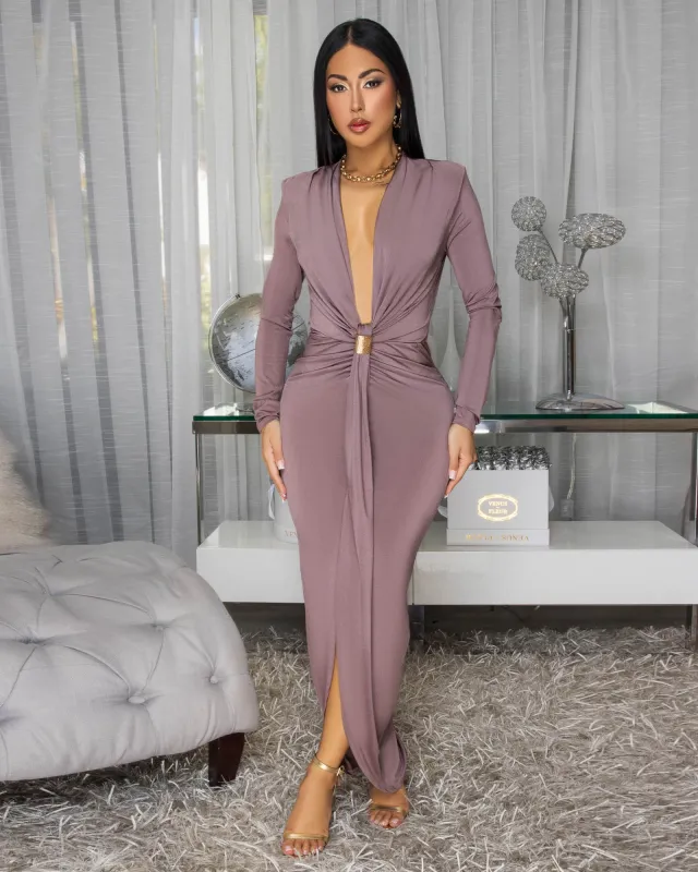 Delta Taupe Plunging V Neckline Maxi Dress sold by Chic Couture