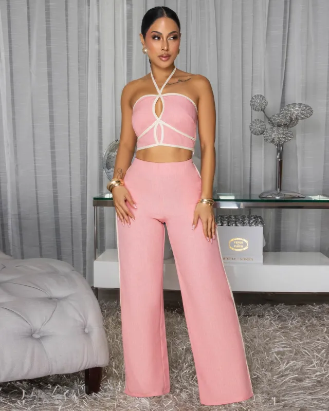 Callan Pink Rope Trim Halter Pants Set sold by Chic Couture