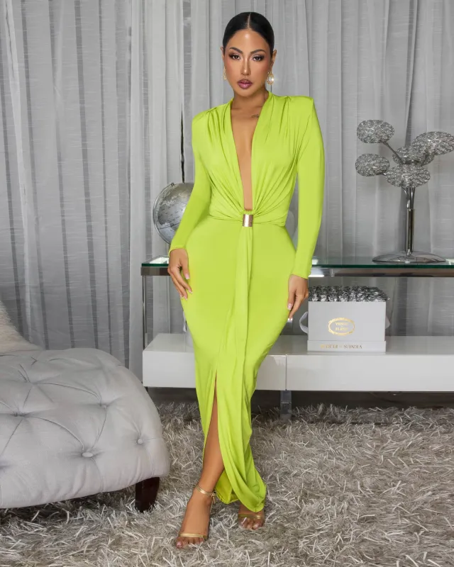 Delta Kiwi Plunging V Neckline Maxi Dress sold by Chic Couture