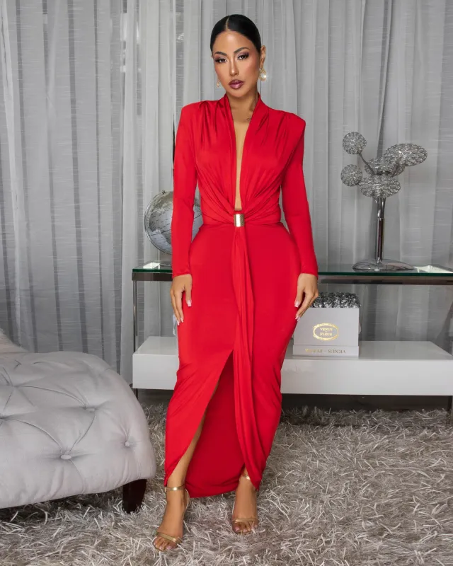 Delta Red Plunging V Neckline Maxi Dress sold by Chic Couture