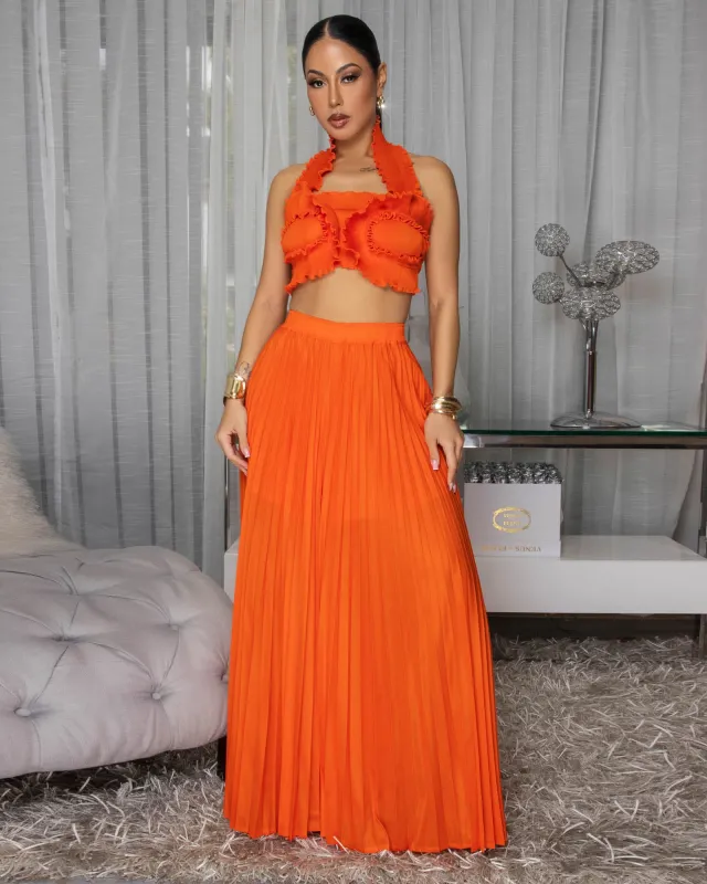 Miabelle Orange Pleated LUXE Crop Top & Pants Set sold by Chic Couture