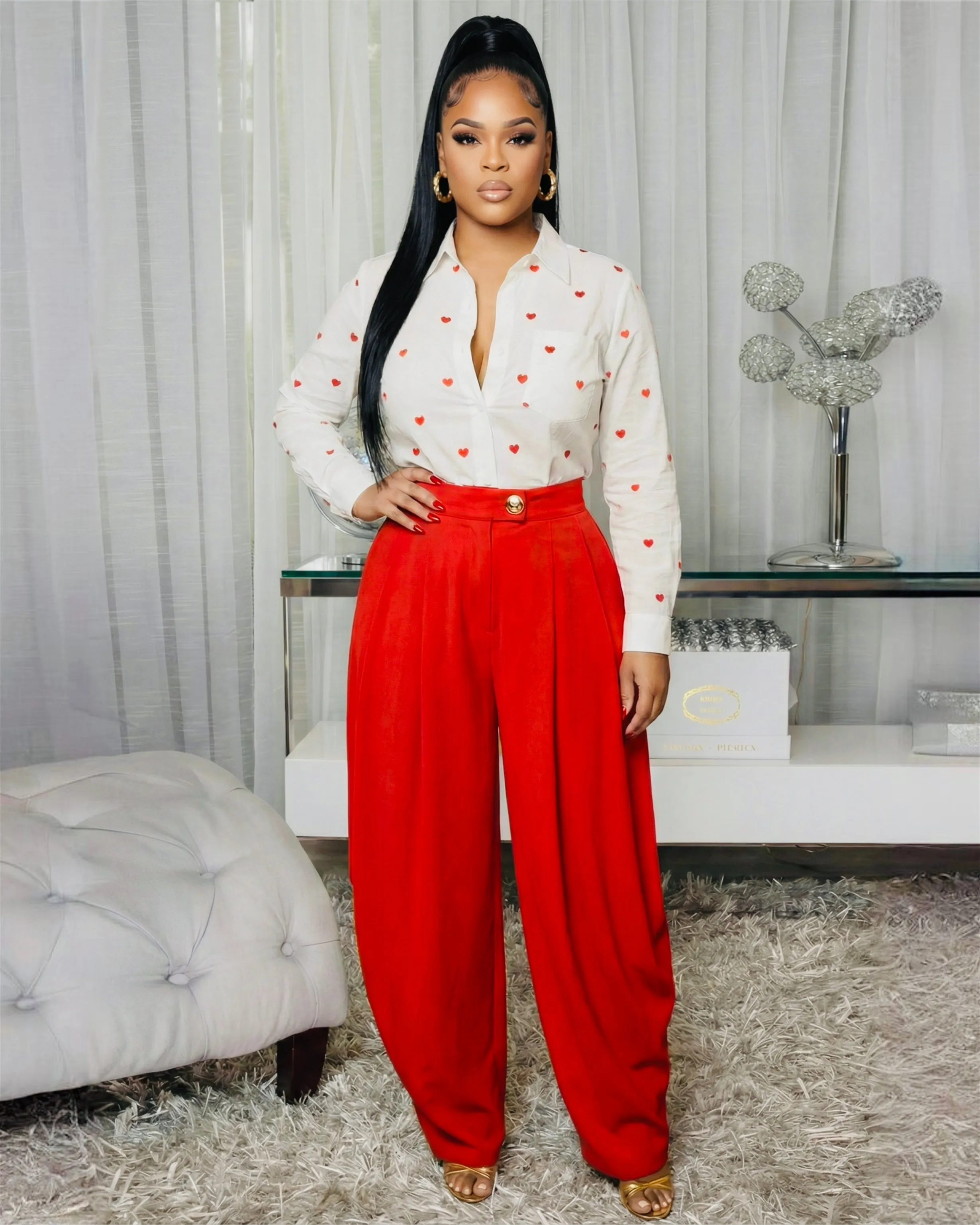 Lovely Off-White Red Hearts Embroidery Blouse sold by Chic Couture