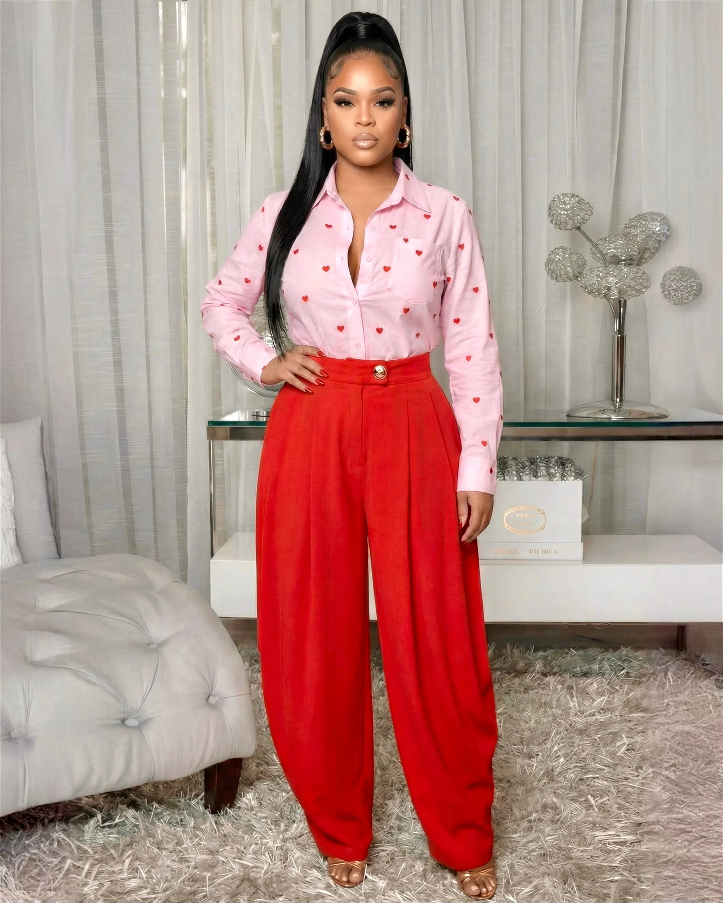 LovelyLight Pink Red Hearts Embroidery Blouse sold by Chic Couture