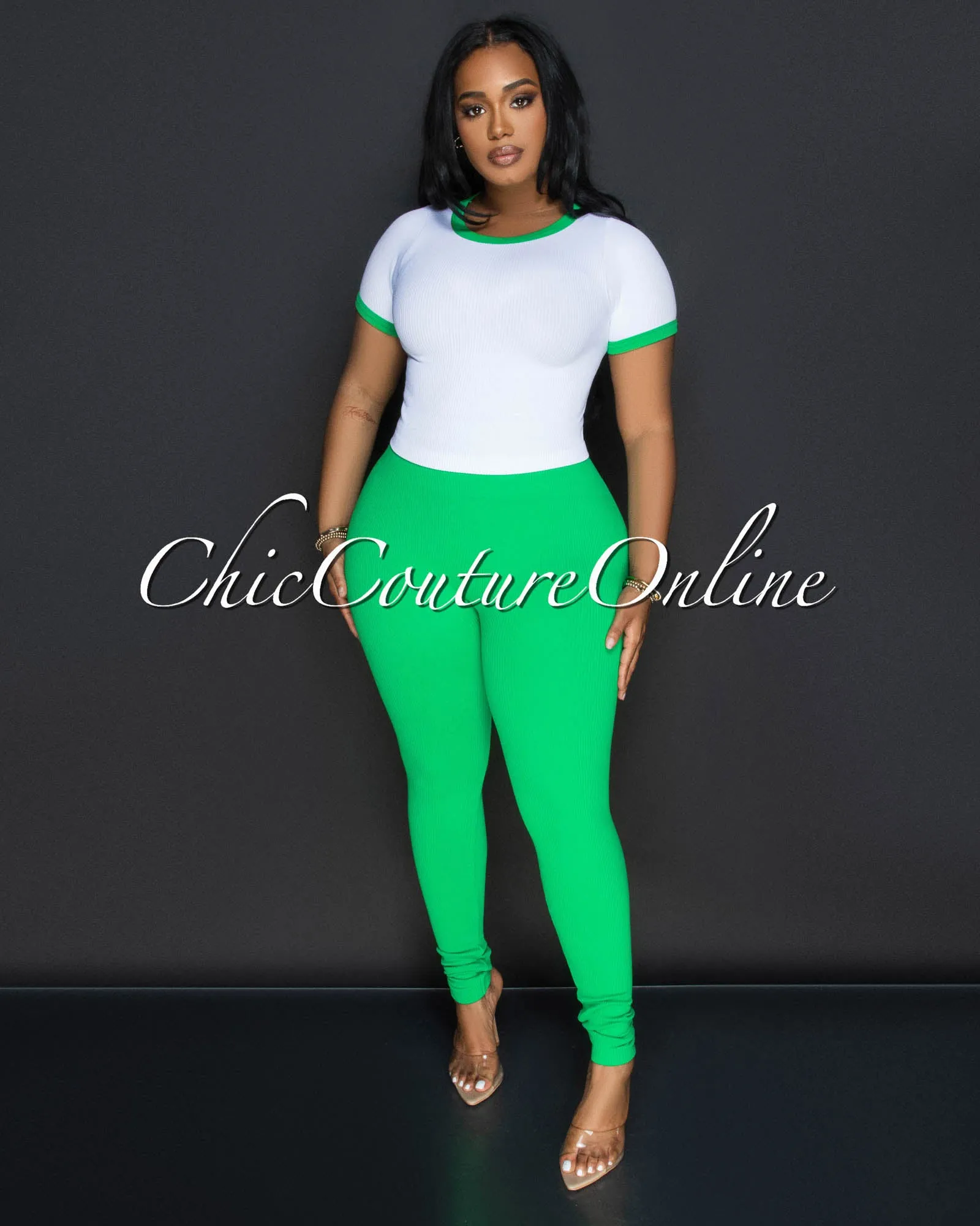 Sharana Green White Trim Crop Top & Leggings Ribbed Sculpting Set sold by Chic Couture product image thumbnail 2
