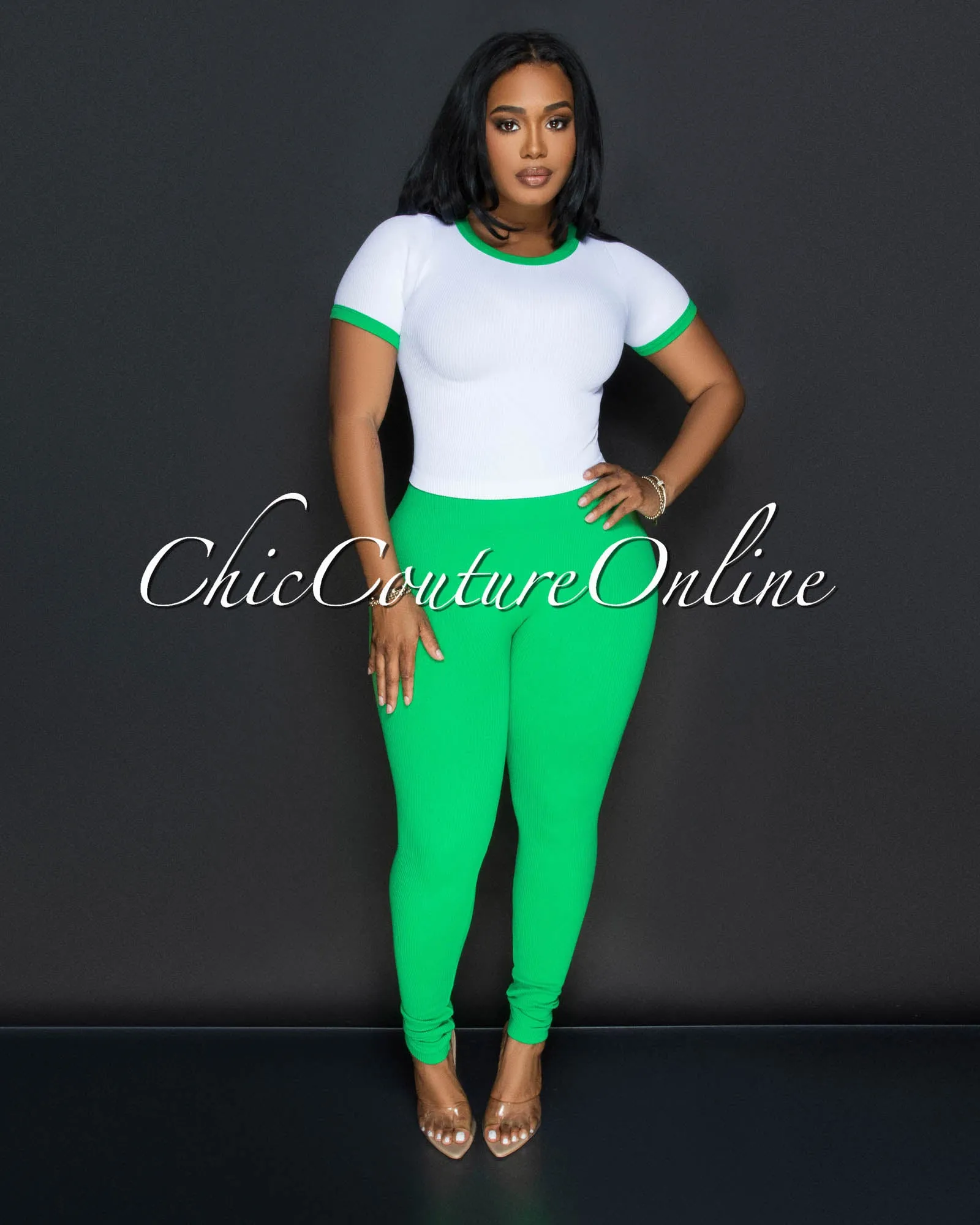 Sharana Green White Trim Crop Top & Leggings Ribbed Sculpting Set sold by Chic Couture