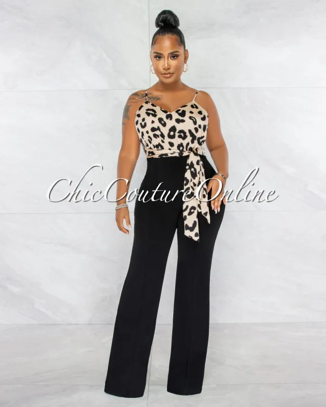 *Aubrey Nude Black Leopard Print Silky Top Two-Tone Jumpsuit sold by Chic Couture