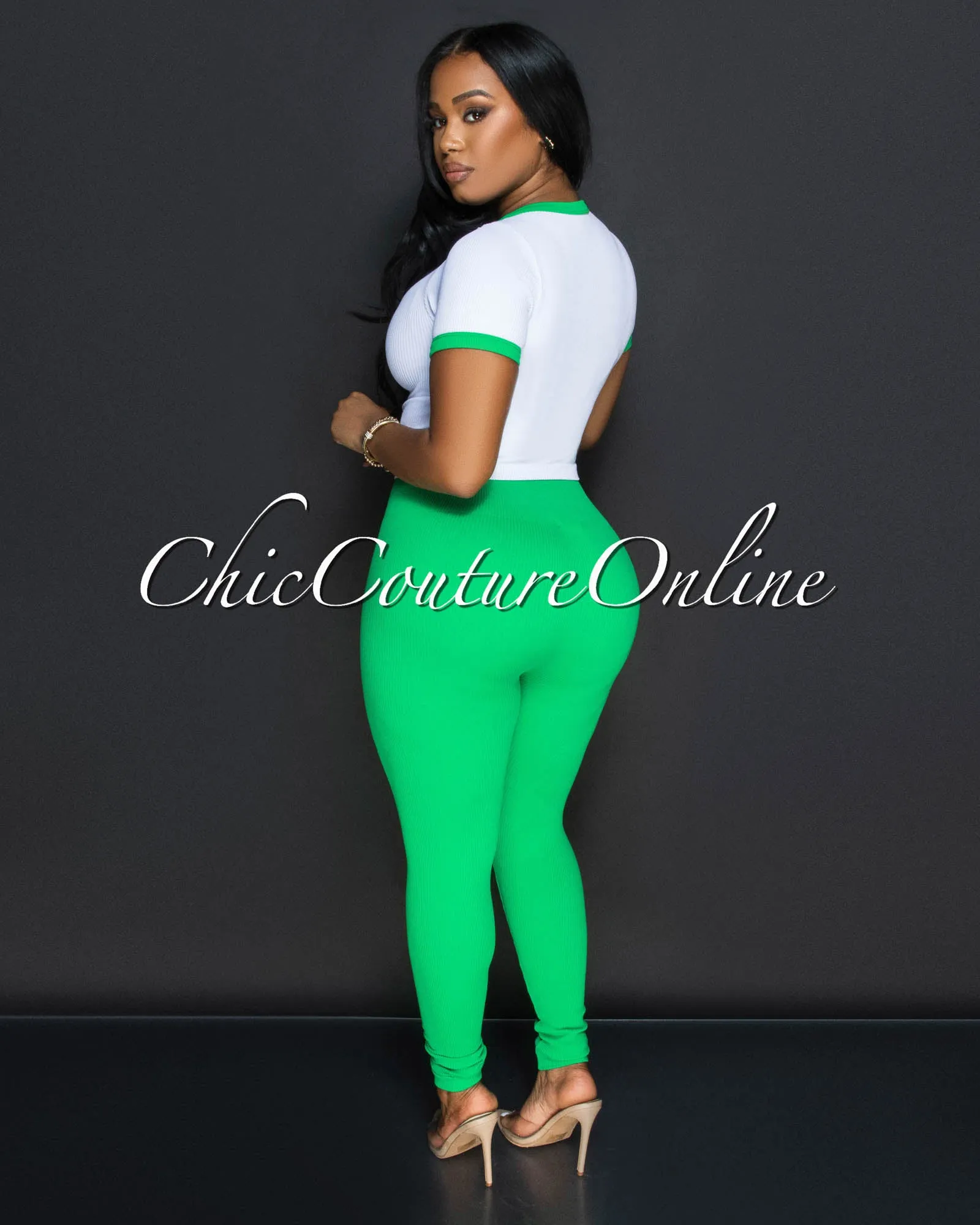 Sharana Green White Trim Crop Top & Leggings Ribbed Sculpting Set sold by Chic Couture product image thumbnail 3