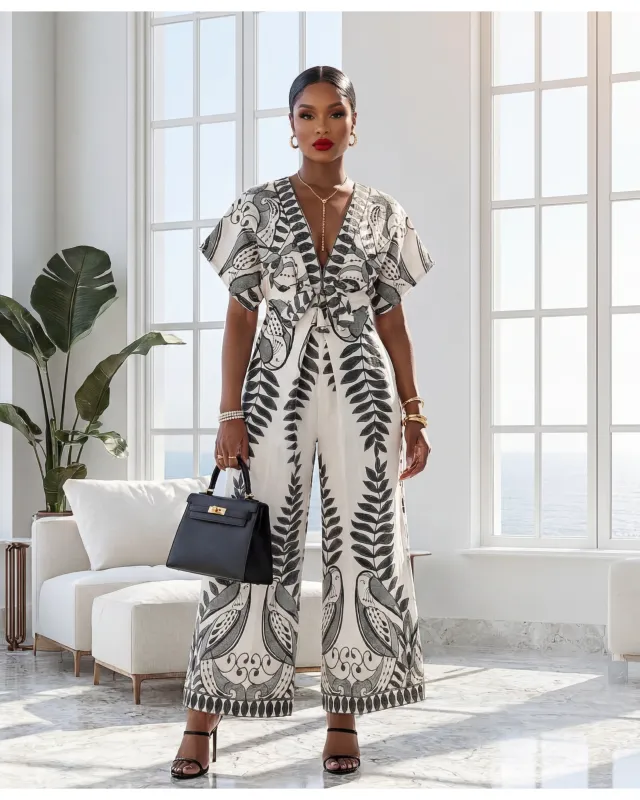 Farlene Ivory Green Print Kimono Jumpsuit made by Chic Couture