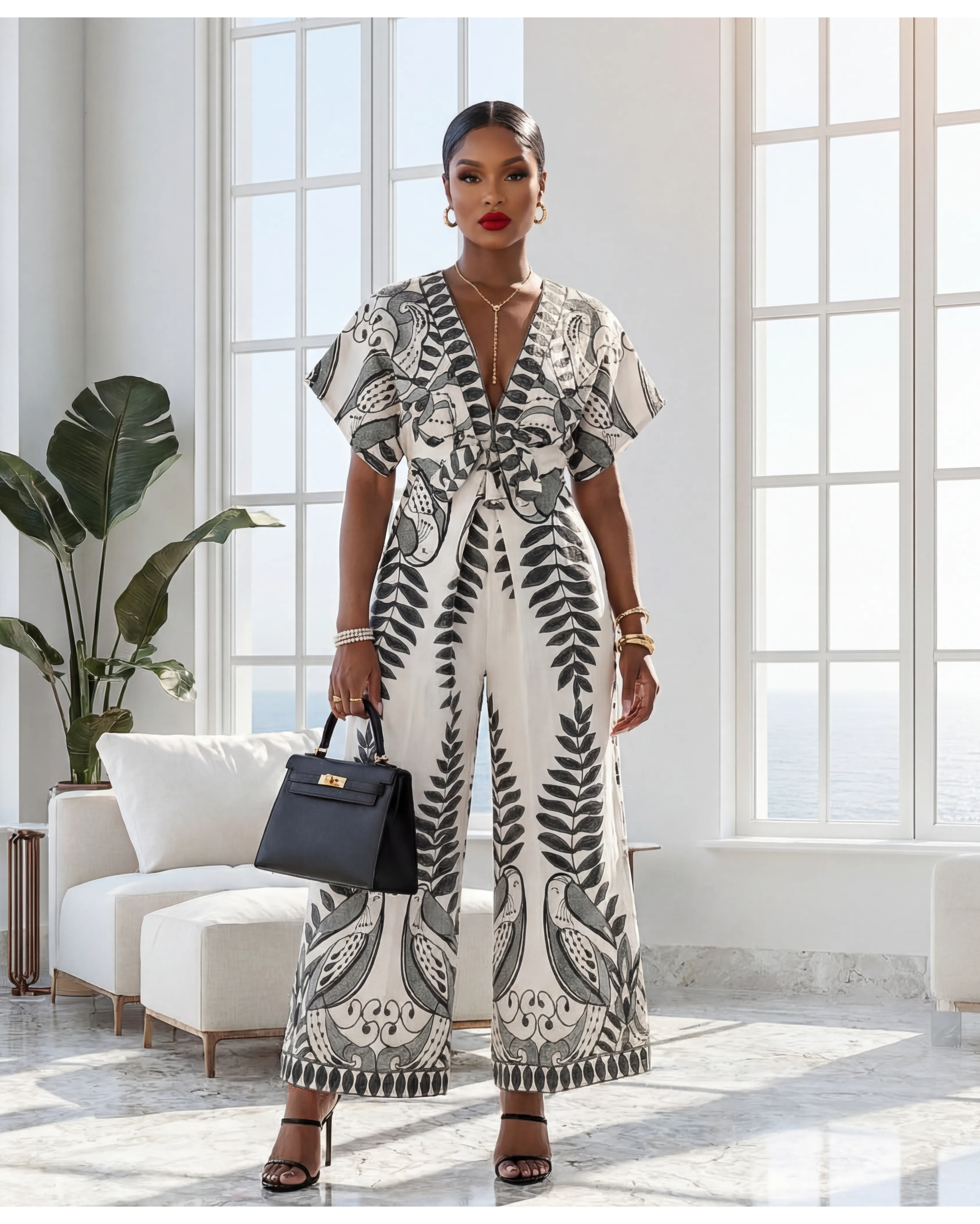 Farlene Ivory Green Print Kimono Jumpsuit sold by Chic Couture