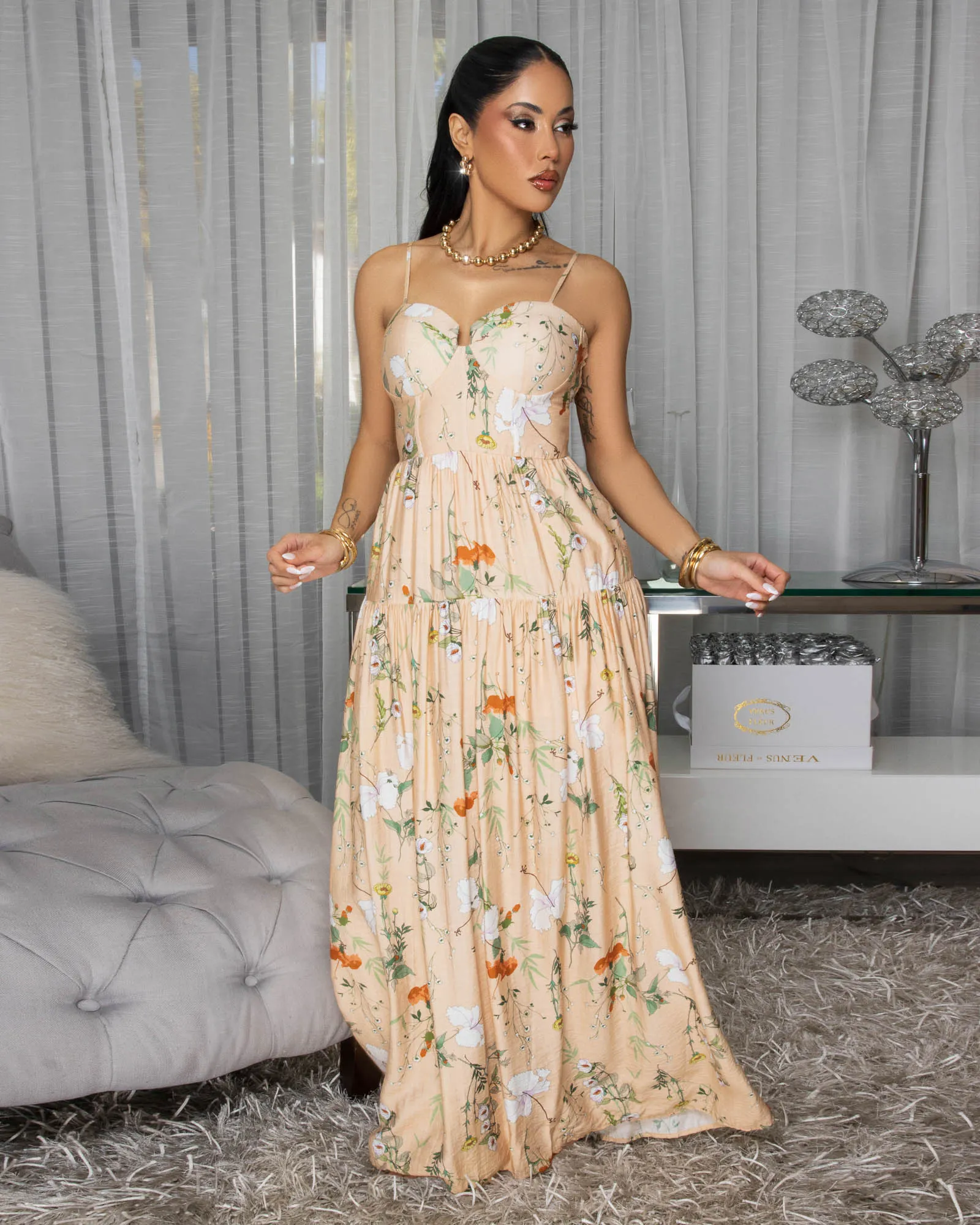 Kaybella Nude Floral Print Tiered Maxi Dress sold by Chic Couture product image thumbnail 2