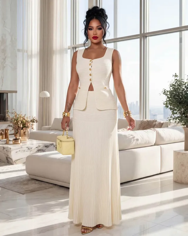 Adina Cream Top & Pleated Maxi Skirt Set made by Chic Couture