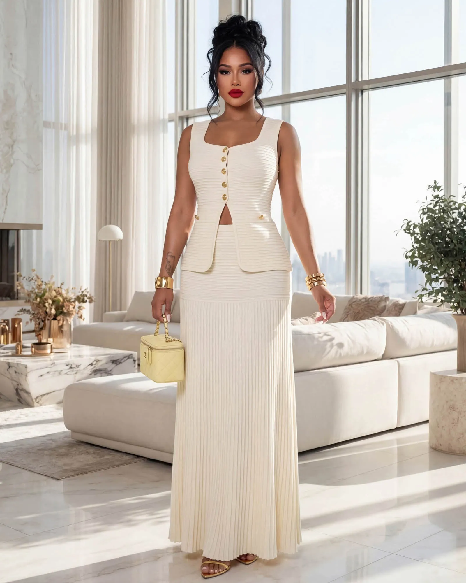 Adina Cream Top & Pleated Maxi Skirt Set sold by Chic Couture