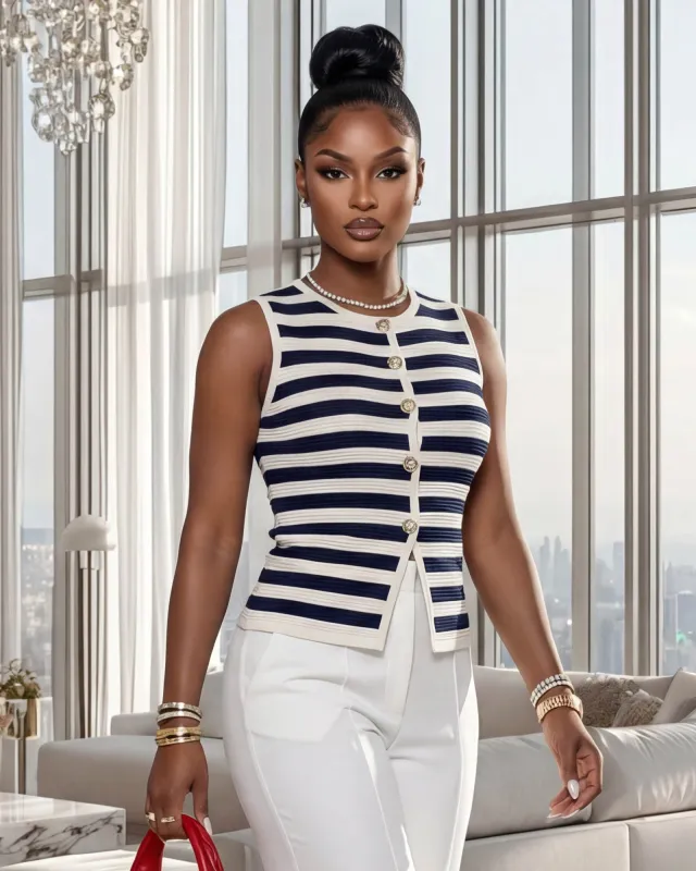 Dottie Navy-Blue White Stripes Textured Knit Top made by Chic Couture